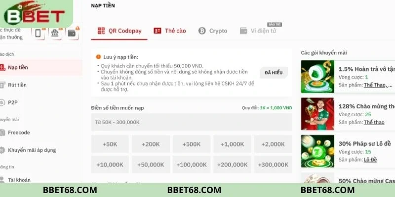 Thực hiện nạp tiền ví điện tử dễ dàng